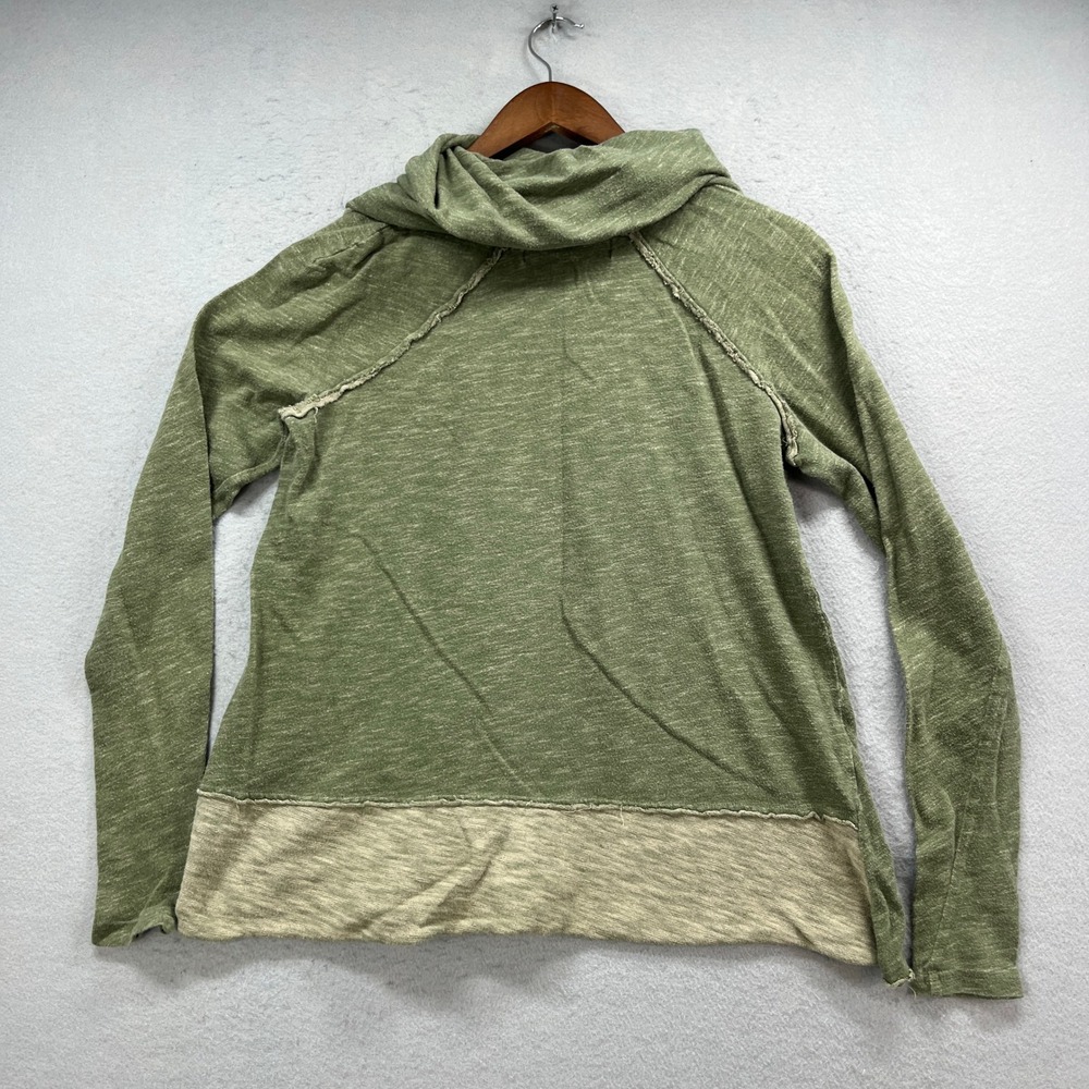 Free People FP Beach Hoodie Womens S Green Cowl Neck Colorblock Raw Edge Boho
